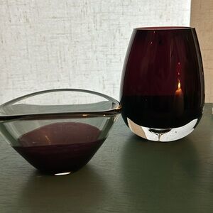 Murano Glass, deep purple. Handmade, Vase w/original sticker (5.25”) & bowl 4.75